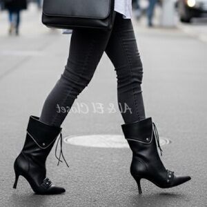 A New Day Black Buckle Pointed-Toe Stiletto Ankle Boots | Vegan | 7 New With Box